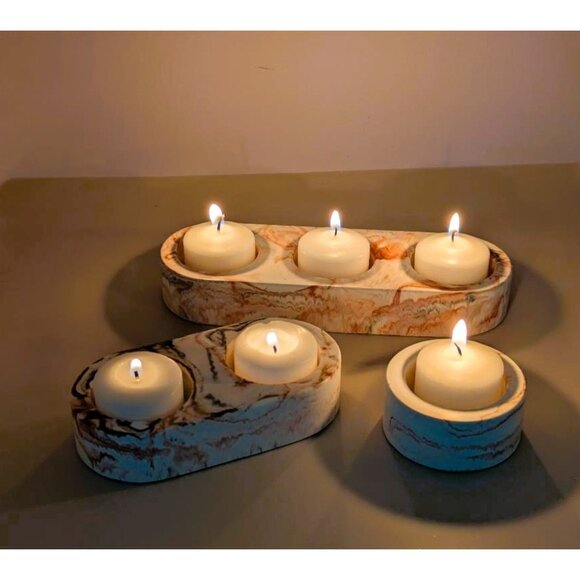 Handcrafted Eco-Resin Candle Holder Set Of 3 With Marble Swirl Design - Picture 7 of 10